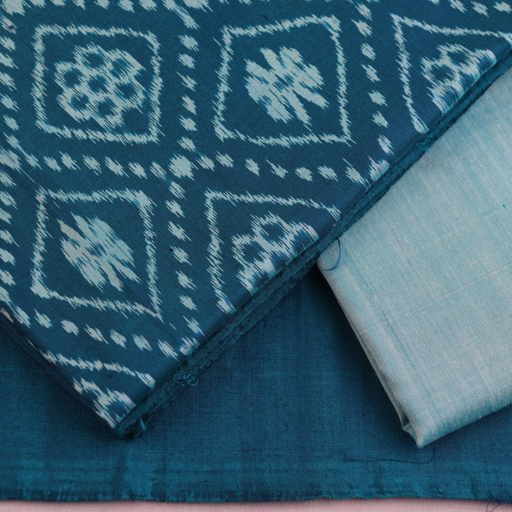 Detail of blue Sambalpuri silk dress material blouse piece with motifs.
