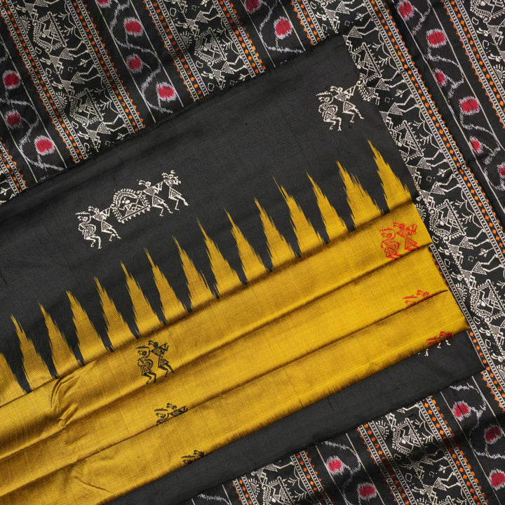 Macro close-up of Bomkai Silk Saree fabric, showing intricate brown & black silk weave.