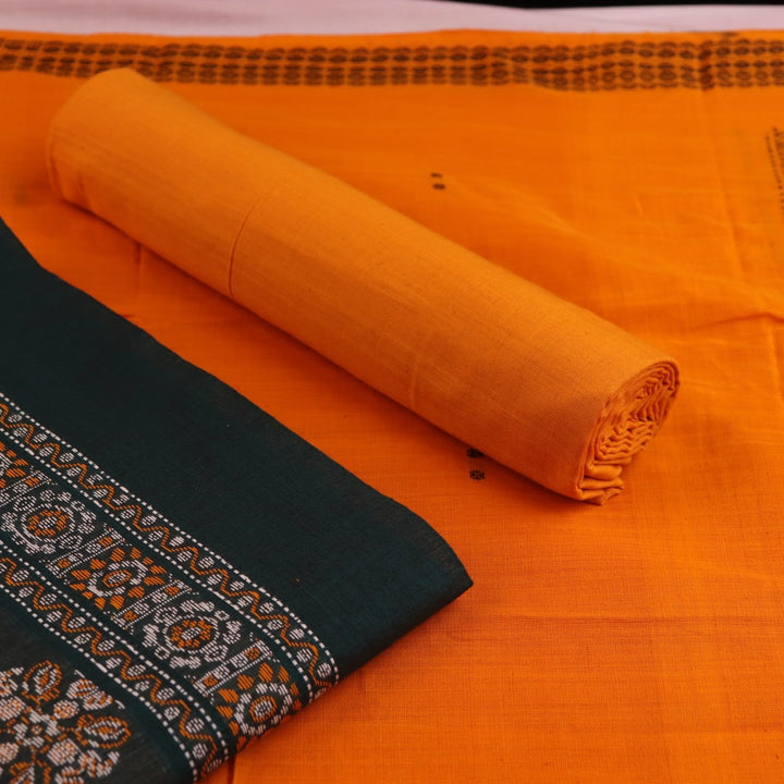 Bomkai Cotton dress material blouse piece in yellow, complementing the green and butta patterns.