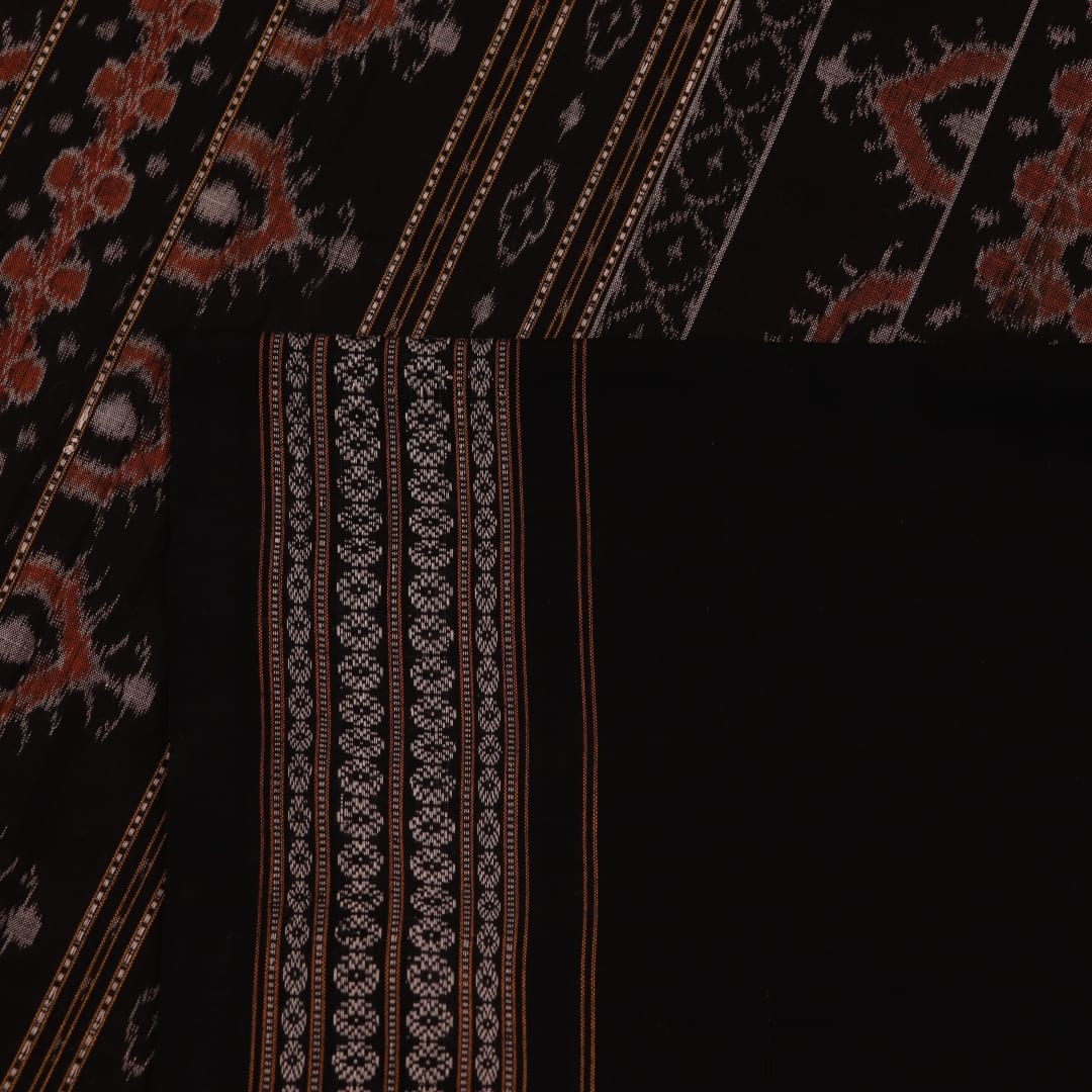 Full view of an orange and black Sambalpuri cotton saree with intricate motifs