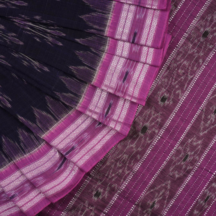 Full styling view of a model draped in a blue and purple Sambalpuri cotton saree with ikat motifs.