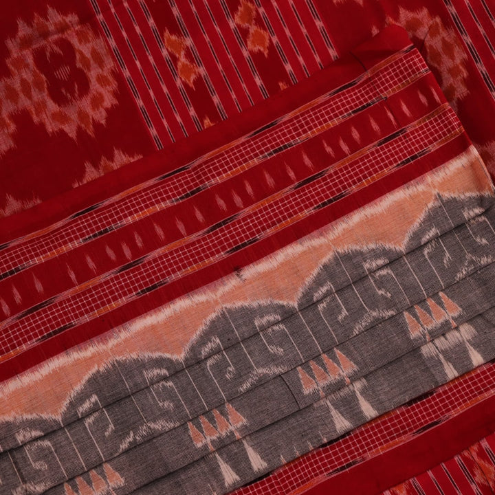 Full view of a grey and maroon Sambalpuri cotton saree with intricate motifs