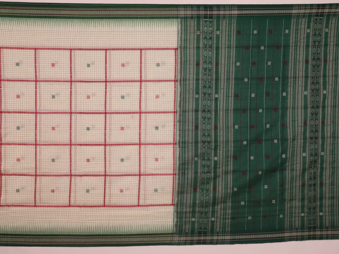 Full view of a white cotton Sambalpuri saree with green butta patterns.