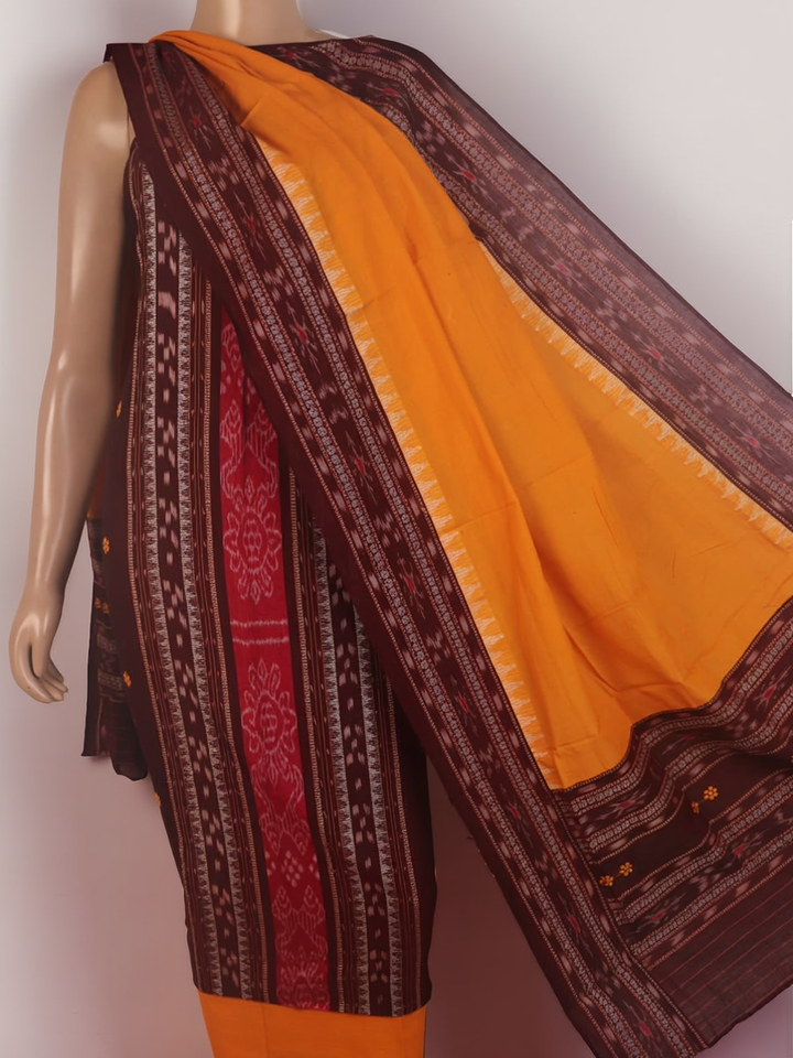 Detail of maroon & yellow Sambalpuri cotton dress material's motif-patterned blouse piece.