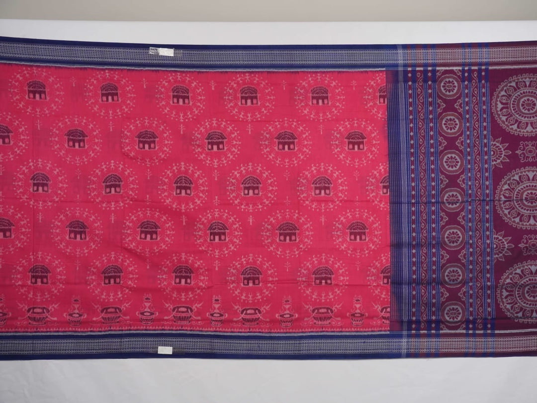 Full layout of the pink and blue Sambalpuri cotton saree displaying the body, border, and motifs.