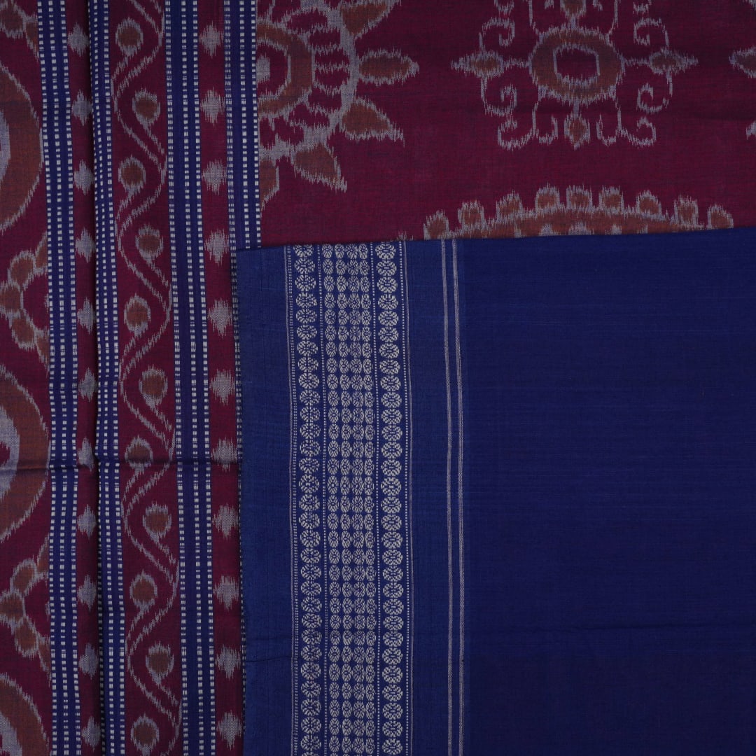 Full layout of the pink and blue Sambalpuri cotton saree displaying the body, border, and motifs.