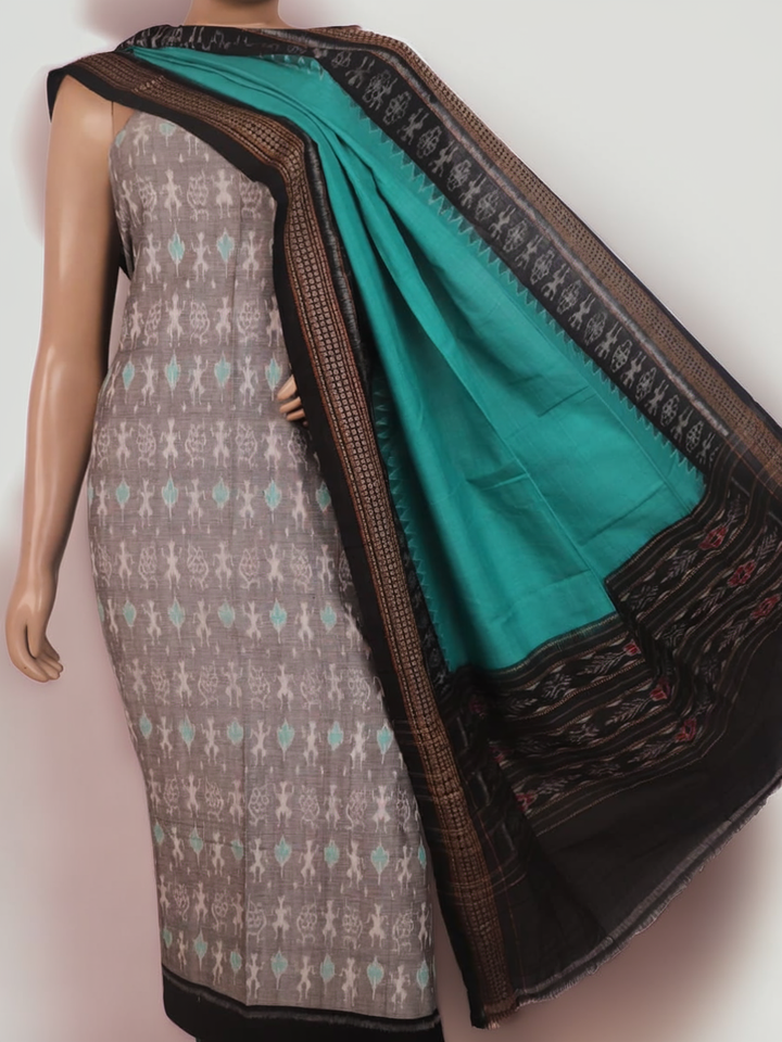 Sambalpuri cotton dress material blouse piece in grey with green motifs.