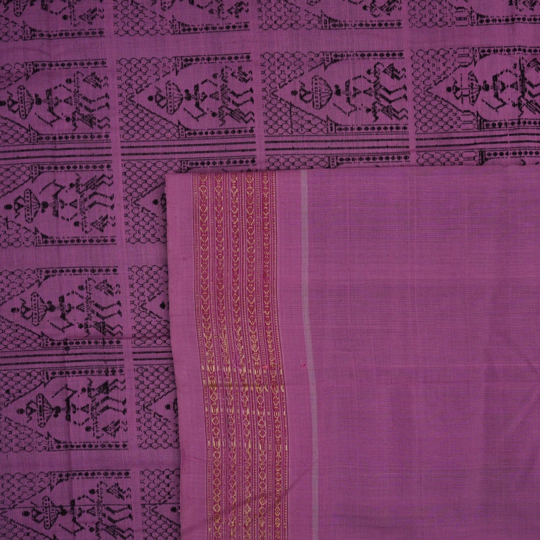 Full flat layout of the black and pink Bomkai cotton handloom saree showcasing the body and pallu.