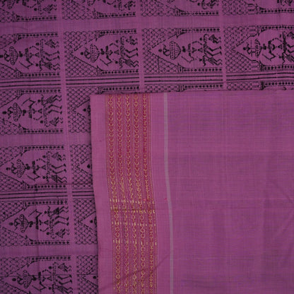 Full flat layout of the black and pink Bomkai cotton handloom saree showcasing the body and pallu.