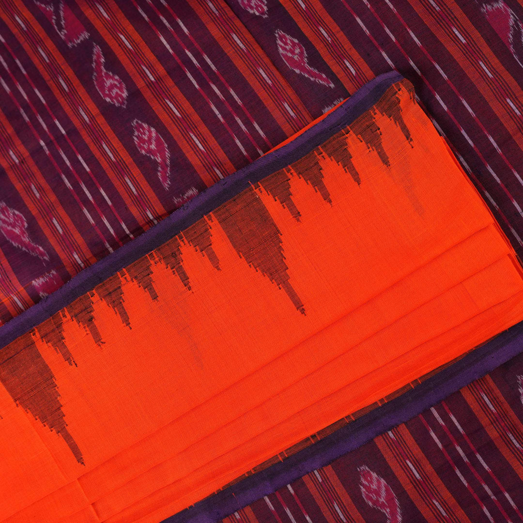 Full layout of the orange Sambalpuri cotton saree with blue border and pallu, highlighting the design.