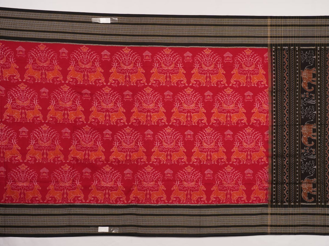 Flat layout view of the red and black Sambalpuri cotton saree showing the body, border, and pallu.