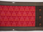 Flat layout view of the red and black Sambalpuri cotton saree showing the body, border, and pallu.