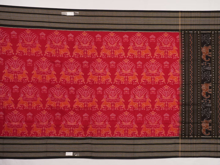 Flat layout view of the red and black Sambalpuri cotton saree showing the body, border, and pallu.