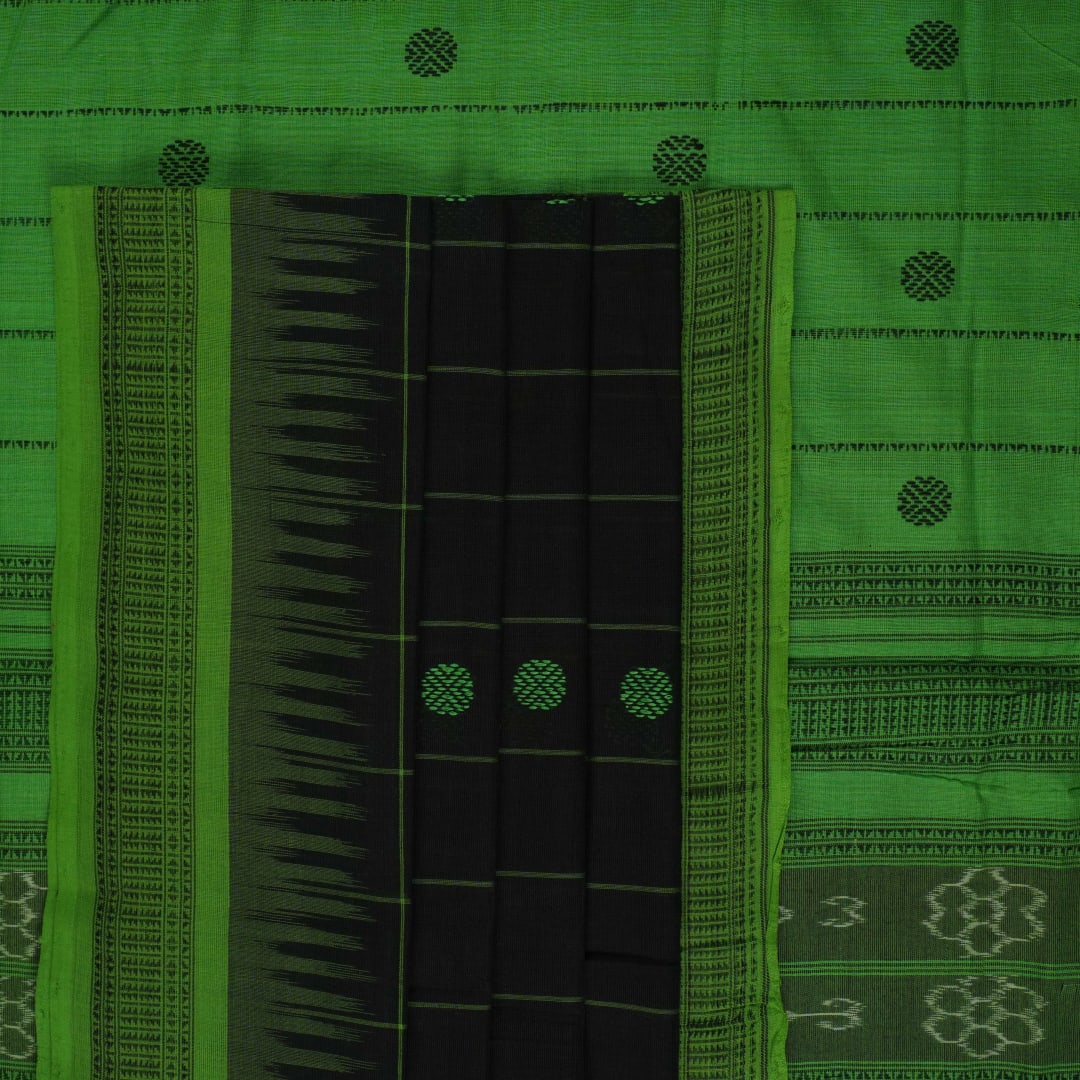 Full flat layout of a black Sambalpuri cotton saree with green butta patterns and an intricate ikat border.