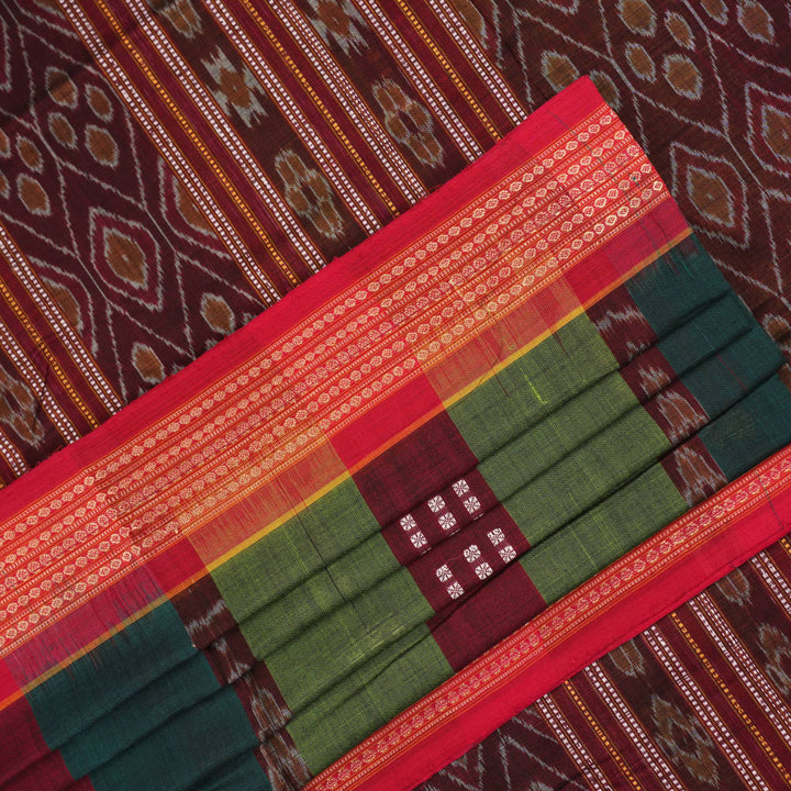 Full layout view of the multi-color striped Sambalpuri cotton saree with red border and pallu