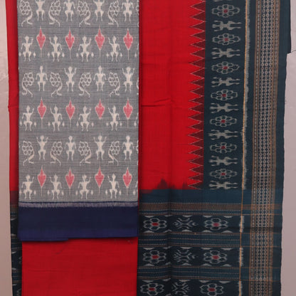 Blouse piece of grey and red Sambalpuri cotton dress material with motifs.