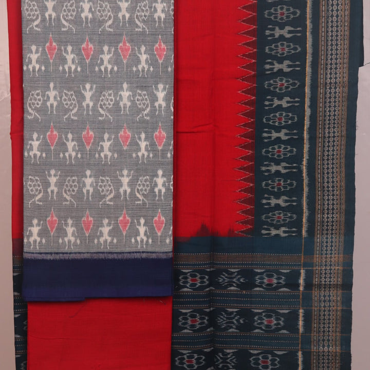 Blouse piece of grey and red Sambalpuri cotton dress material with motifs.