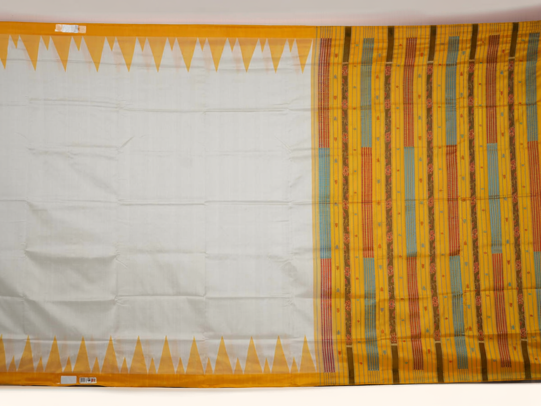 Close-up of the smooth texture and plain weave of white Sambalpuri silk fabric.