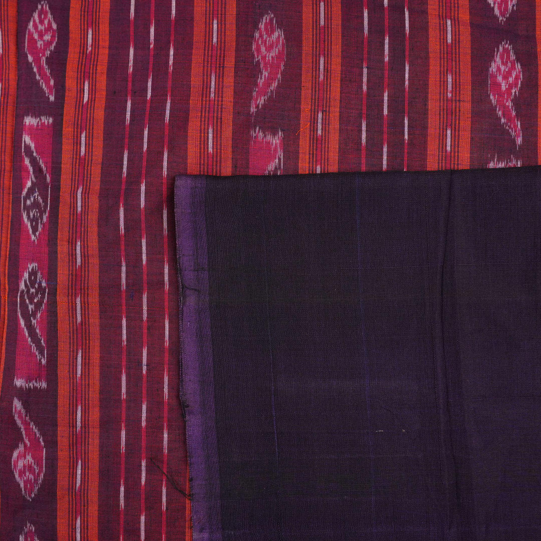 Full layout of the orange Sambalpuri cotton saree with blue border and pallu, highlighting the design.