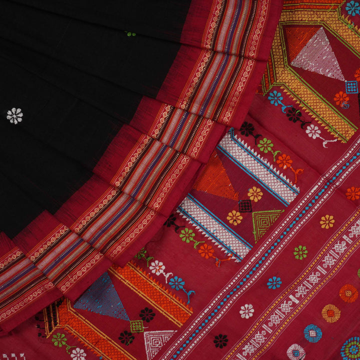 Full view of the black and red Dolabedi cotton saree laid out to show the complete pattern and pallu.