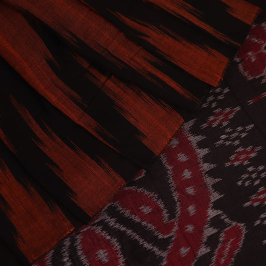 Brown and black plain Sambalpuri cotton saree elegantly draped.