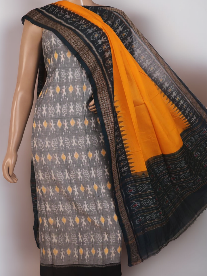 Grey and yellow Sambalpuri cotton dress material blouse piece with motifs.