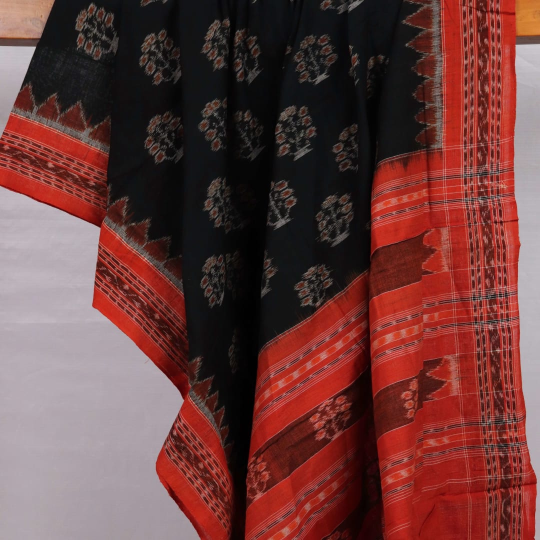 Handloom Black Sambalpuri Cotton Dupatta with Rust border