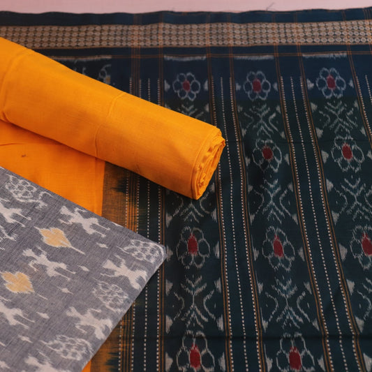 Handloom Grey Sambalpuri Cotton Dress Material with Yellow border