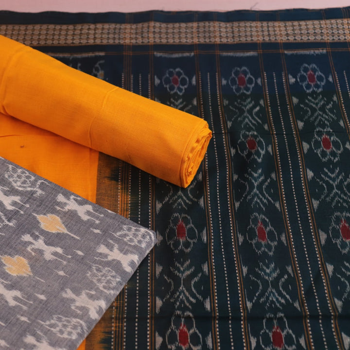 Grey and yellow Sambalpuri cotton dress material blouse piece with motifs.