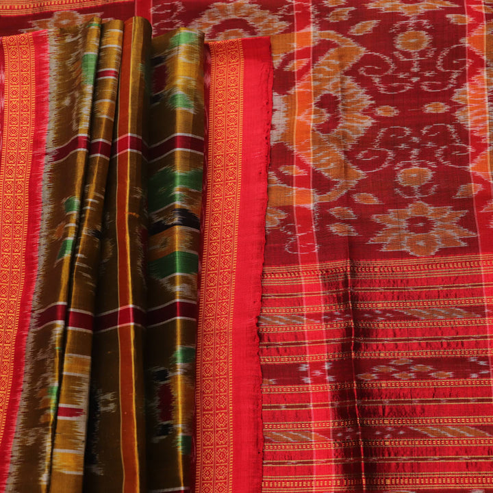 Green Khandua silk saree styled and draped to showcase the Nabakothi pattern, a traditional handloom saree.