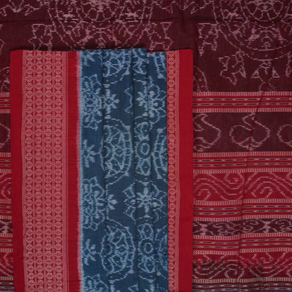Full flat layout of the blue and maroon Sambalpuri cotton saree displaying the complete motifs and border pattern.
