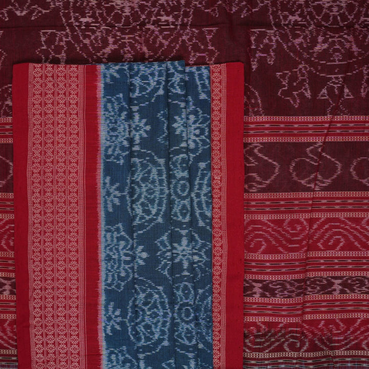 Full flat layout of the blue and maroon Sambalpuri cotton saree displaying the complete motifs and border pattern.