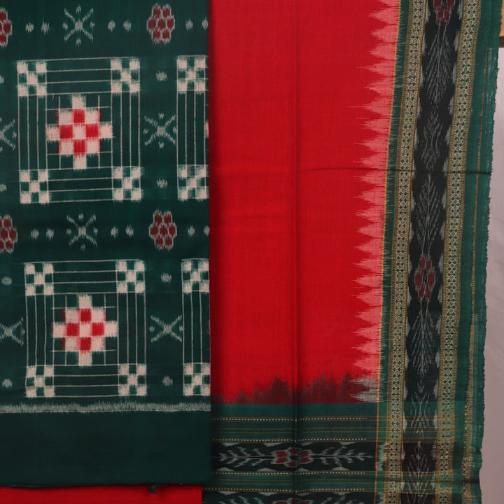 Detail of the red and green Pasapalli patterned blouse piece of the Sambalpuri cotton dress material.
