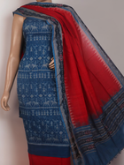 Close-up of the blue and red Sambalpuri cotton dress material's blouse piece with motifs.