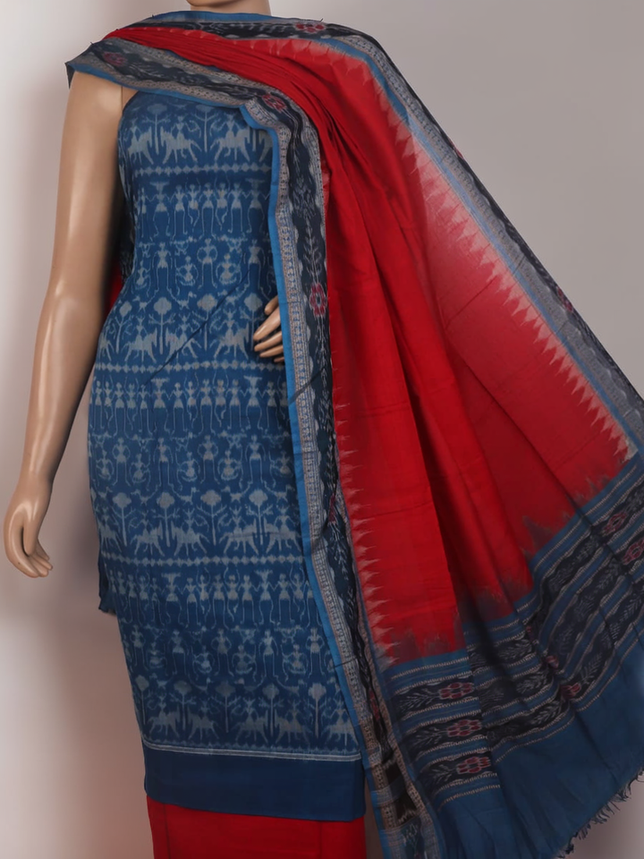Close-up of the blue and red Sambalpuri cotton dress material's blouse piece with motifs.