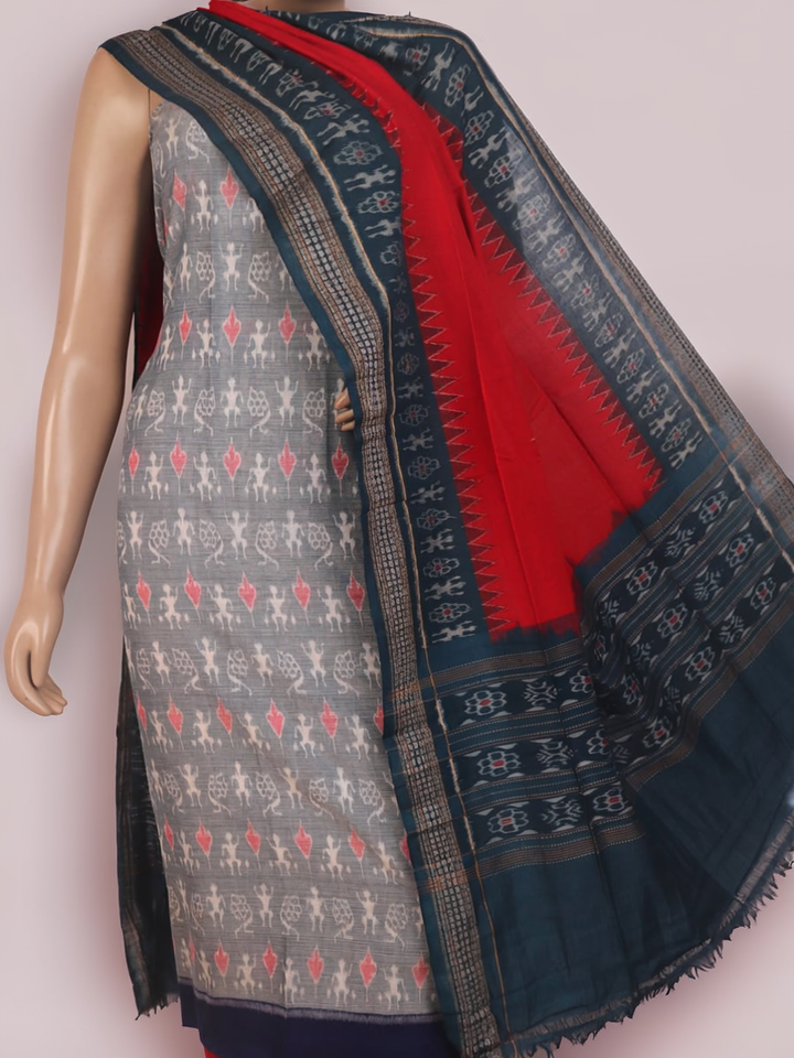 Blouse piece of grey and red Sambalpuri cotton dress material with motifs.