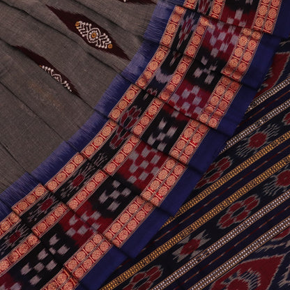 Full view of the grey cotton Bomkai saree with blue butta patterns