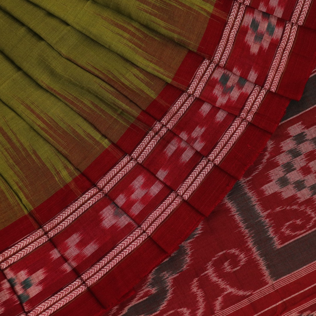 Green and maroon cotton Sambalpuri saree draped on a model, showcasing the Pasapalli pattern.