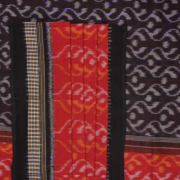 Model draped in a maroon and black Sambalpuri cotton saree showcasing elegant traditional handloom style