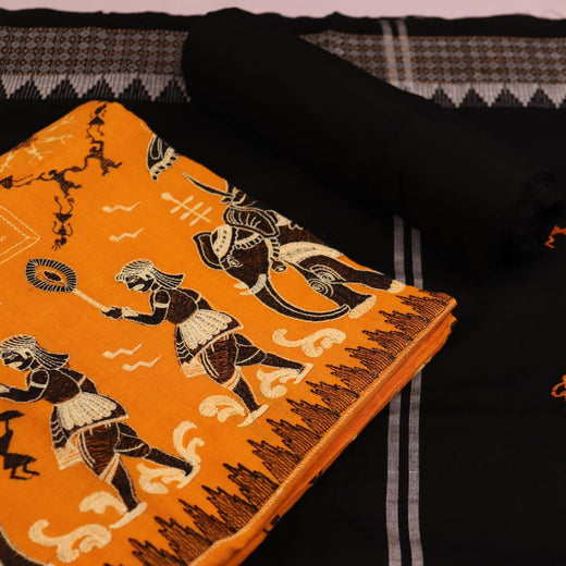 Yellow Doll Sambalpuri Cotton Dress Material with Black Border