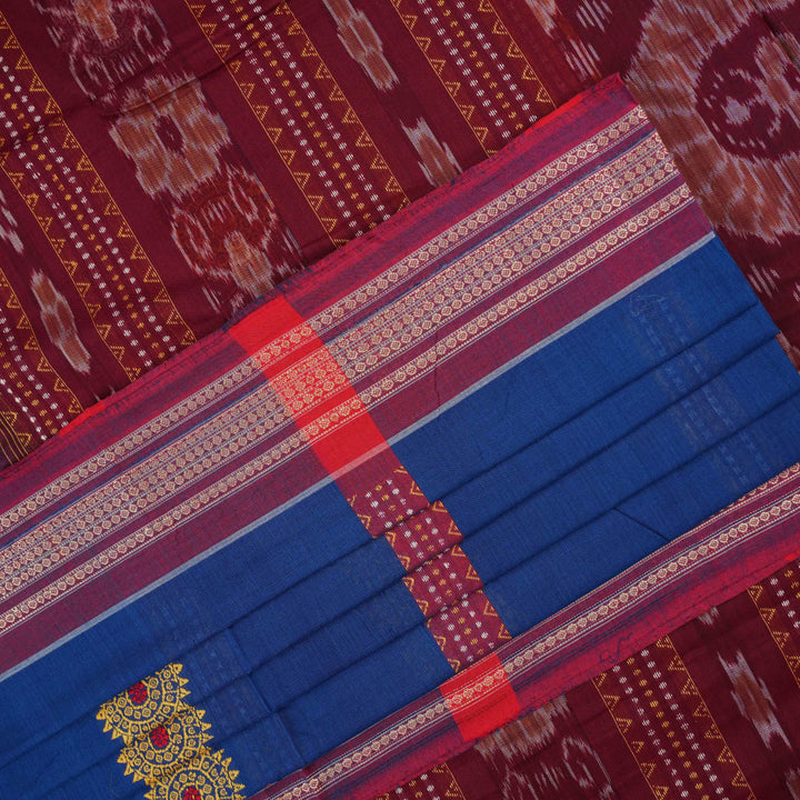 Full layout of the blue and maroon Bomkai cotton saree revealing the complete butta pattern and contrast border.