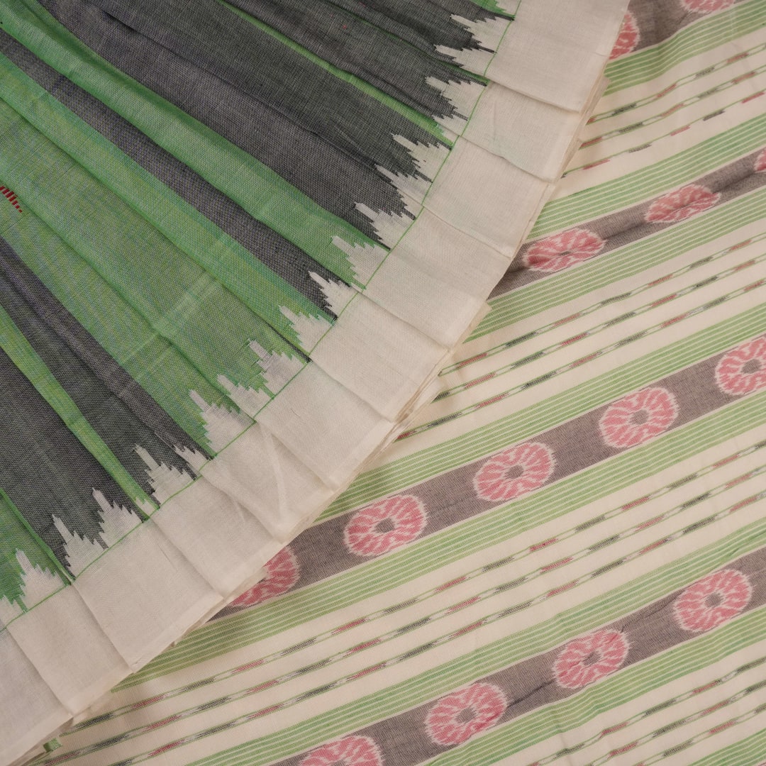Full-length layout of the green and white striped Sambalpuri cotton saree showing the complete design.