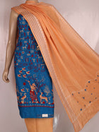 Close-up of the blouse piece showcasing the Doll pattern in blue and brown on cotton fabric.