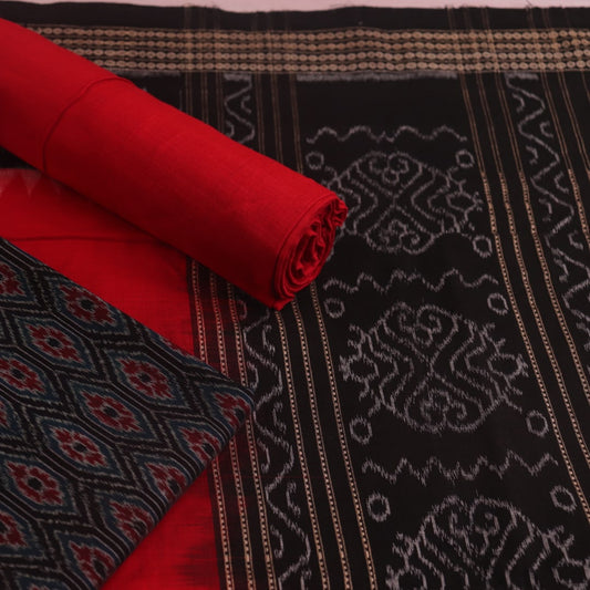 Handloom Black Sambalpuri Cotton Dress Material with Red border