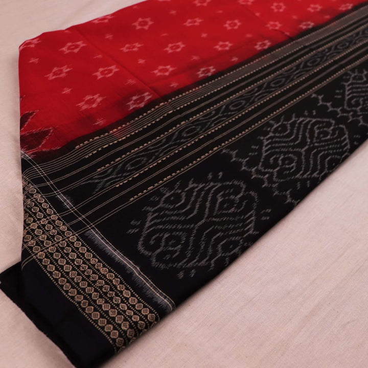 Red and black Sambalpuri cotton dupatta featuring intricate motif patterns