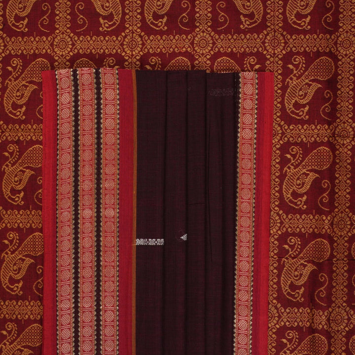 Full view of the maroon Bomkai cotton saree with red borders and small butta motifs laid out flat.