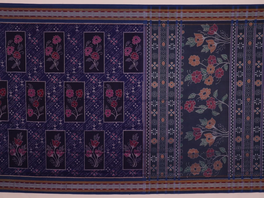 Full view of a blue Sambalpuri cotton saree with black motifs