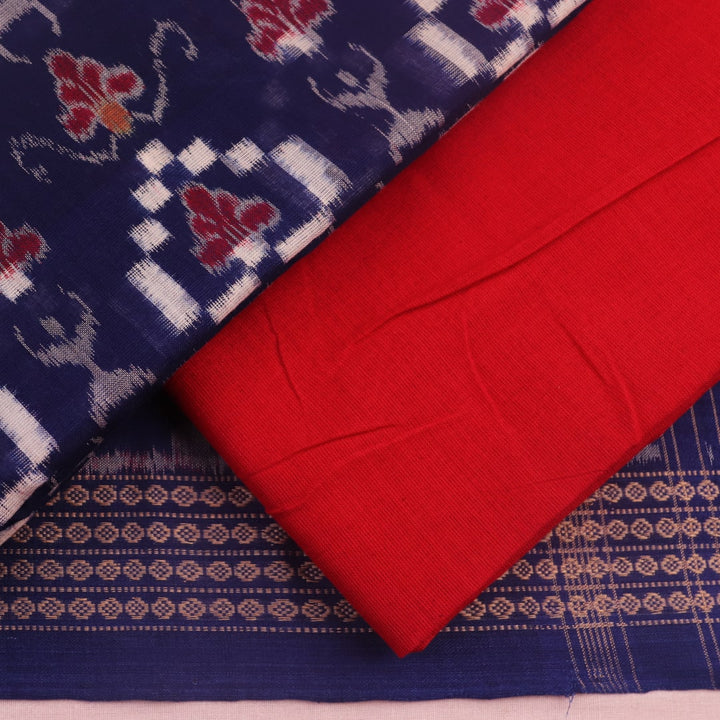 Sambalpuri cotton dress material: Detail of the blue and red Pasapalli patterned blouse piece.