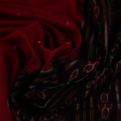 Full view of a maroon Sambalpuri cotton saree with a black Pasapalli pattern.