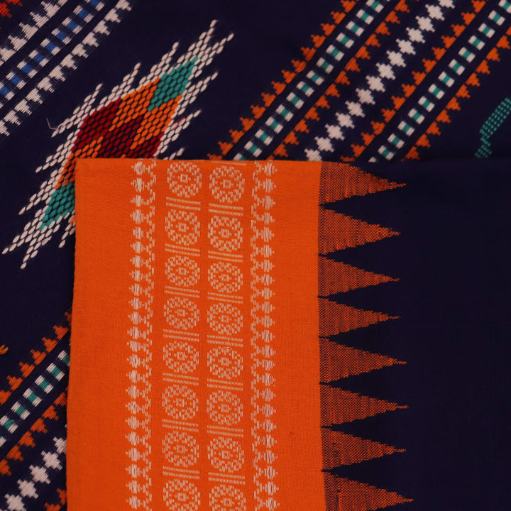 Full view of a blue and orange cotton Berhampuri saree with a butta pattern